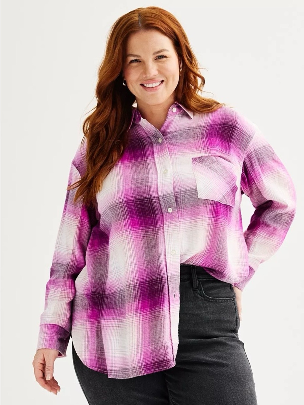 Sonoma Pink and White Plaid Button-Up Shirt